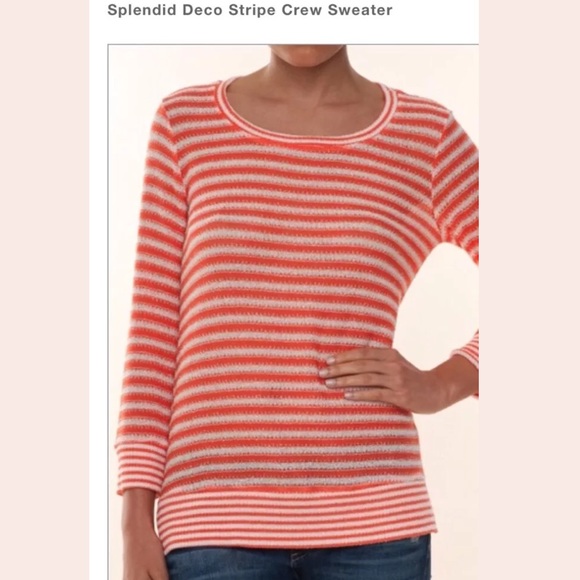 SPLENDID Deco Stripe Crewneck Sweater Pink Coral White Lightweight Knit Pullover - Picture 1 of 8
